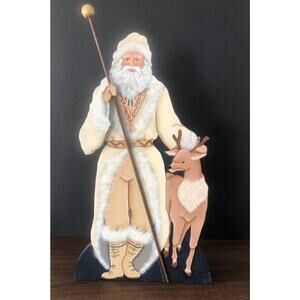 Christmas Wooden painted Vintage Folk art Santa With Deer Attached Easel